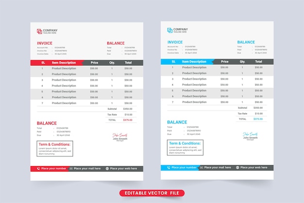 Eenvoudig minimalistisch factuurontwerp met rode en blauwe kleur bedrijfsinformatie en aankoopbondecoratie factuursjabloon en kassabonontwerp met betalingsovereenkomstsecties