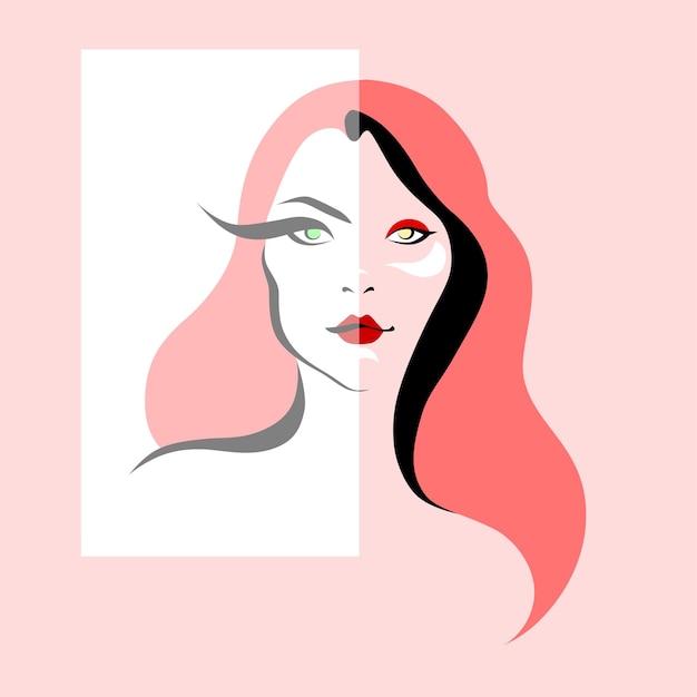 Eenvoudig portret van een asymmetrische vrouw op de roze en witte achtergrond