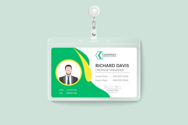 Eenvoudig professioneel groen-geel ID-kaartontwerp voor werknemers
