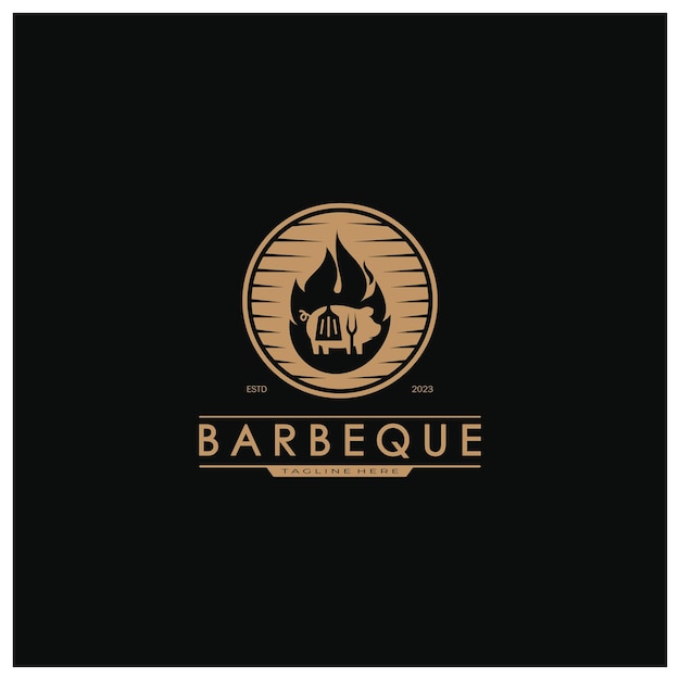 Eenvoudige Barbecue Vintage hete grill met gekruiste vlammen en spatel voor restaurant badge café en bar