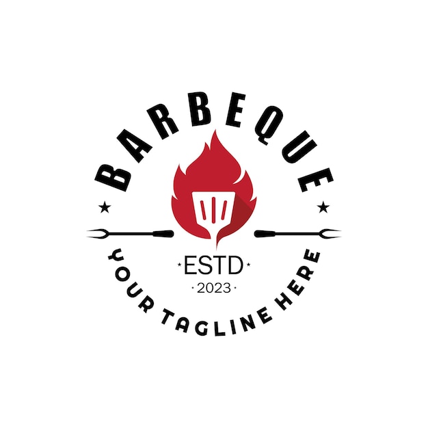 Eenvoudige Barbecue Vintage hete grill met gekruiste vlammen en spatel voor restaurant badge café en bar