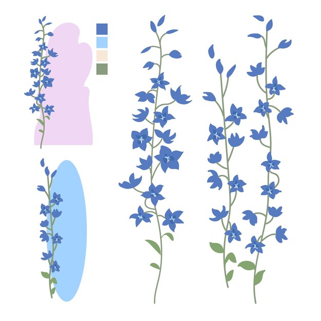 Vector eenvoudige blauwe delphinium zee wals tekeningen decoratie