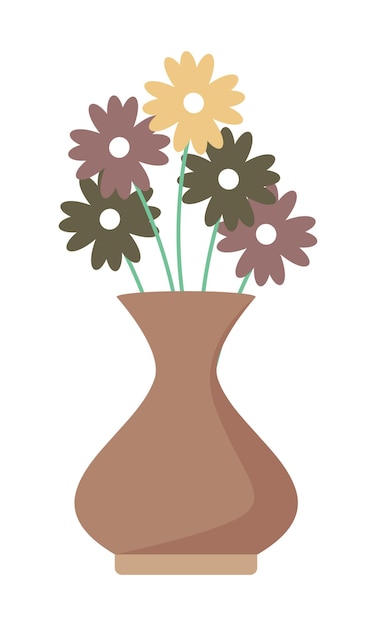 Eenvoudige bloemen in bruine vaas semi-egale kleur vectorobject
