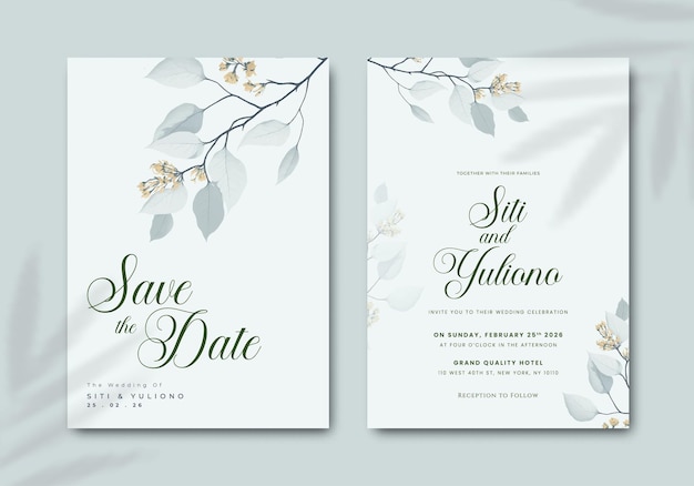 eenvoudige bruiloft uitnodiging sjabloon met bloem waterverf premium vector