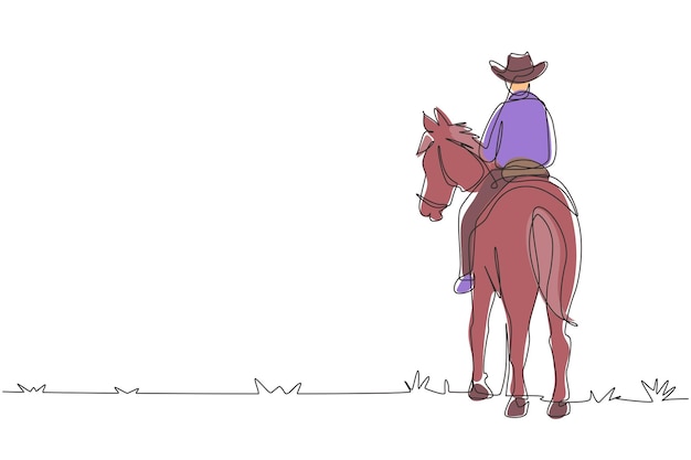 Vector eenvoudige continue lijn tekening cowboy paardrijden in de woestijn op houten teken mustang en persoon buiten bij zonsondergang cowboy en paard icoon of logo een lijn tekenen grafisch ontwerp vector illustratie.