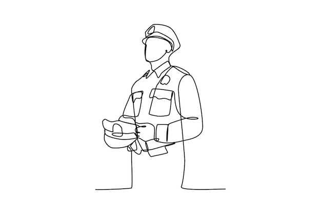 Eenvoudige continue lijntekening van een mannelijke officier die haar pet vasthoudt Uniforme minimalistische concept Eenvoudige lijnvector continue lijn