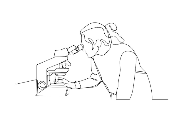 Eenvoudige continue tekening van mensen die met een microscoop worden onderzocht Eenvoudige lijn minimalistisch concept van onderzoek Eenvoudige lijn zwarte en witte achtergrond