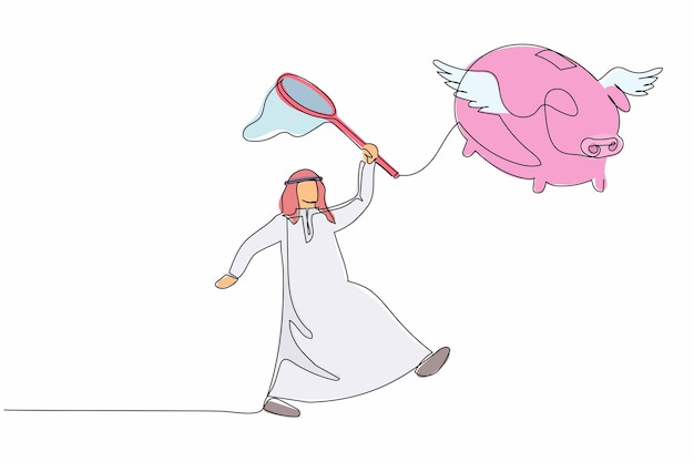 Eenvoudige doorlopende lijn tekening Arabische zakenman probeert vliegende spaarvarken te vangen met vlindernet