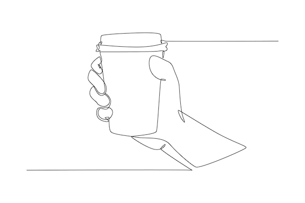 Eenvoudige doorlopende lijntekening witboek beker in de hand houden afhaalmaaltijden koffie in de café-winkel take away en service concept continu lijntekening ontwerp grafische vectorillustratie