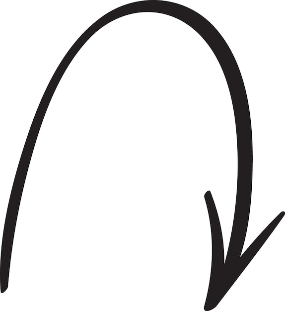 Eenvoudige en gedurfde zwarte met de hand getekende gebogen pijl die naar beneden wijst op een schone witte achtergrond die als ideaal grafisch element dient voor verschillende ontwerpprojecten