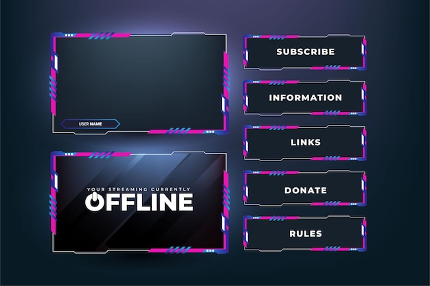 Eenvoudige futuristische gaming-schermpaneelvector met abstracte vormen Online game-streaming-overlay en gebruikersinterfaceontwerp met roze en blauwe kleuren Metallic gaming-overlay-paneelvector