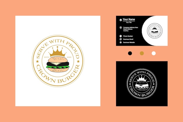 Eenvoudige hamburger hamburger met kroon geïsoleerde gouden cirkel voor burger shop icon logo design vector