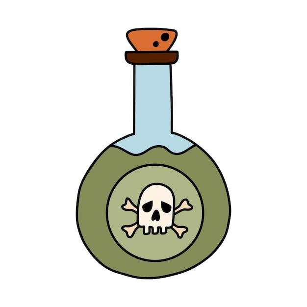 Eenvoudige handgetekende giffles met schedel en bottenmarkering op het etiket Leuke doodle met omtrek van giftige gevaarlijke chemische vloeistof Alchemie of tovenaardrankelixer in de kolf of pot