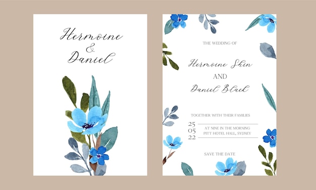 eenvoudige huwelijksuitnodiging met blauwe bloem en blad