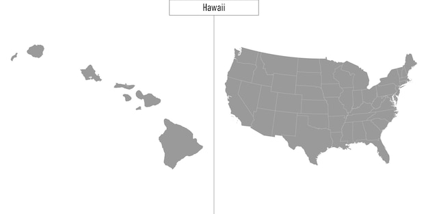 Eenvoudige kaart van de staat Hawaï van de Verenigde Staten en locatie op de kaart van de VS