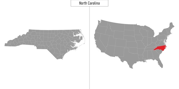Eenvoudige kaart van de staat North Carolina in de Verenigde Staten en locatie op de kaart van de VS