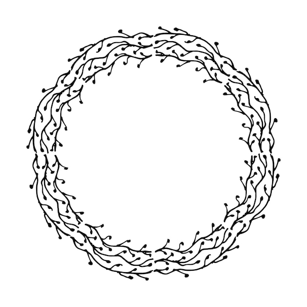 Eenvoudige krans geïsoleerd op witte achtergrond Decoratieve ronde inlijsting Vector cirkel frame met takken zwart-wit illustratie met de hand geïsoleerde met de hand getekende rand