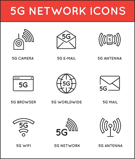 Eenvoudige lijn beroerte vector icon set nieuwe 5e generatie mobiele netwerk 5G snelle verbinding draadloze systemen