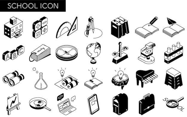 Eenvoudige lijntekening icoon set van school en studie isometrische illustratie