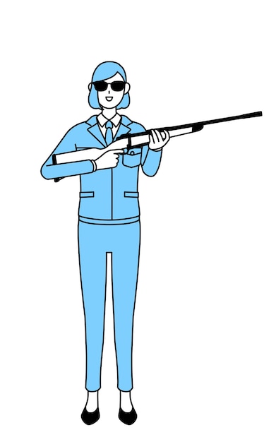 Eenvoudige lijntekening illustratie van een vrouw in werkkleding die een zonnebril draagt en een geweer vasthoudt