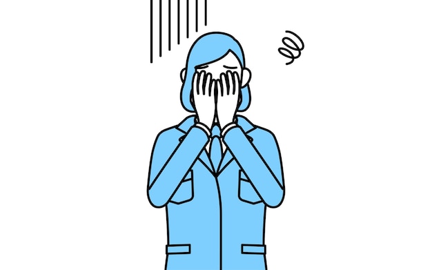 Eenvoudige lijntekening illustratie van een vrouw in werkkleding die zijn gezicht bedekt in een depressie