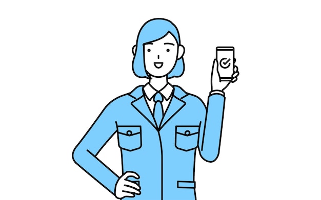 Eenvoudige lijntekening illustratie van een vrouw in werkkleding met behulp van een smartphone op het werk