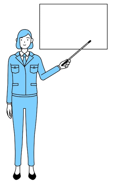 Eenvoudige lijntekening illustratie van een vrouw in werkkleding wijzend op een whiteboard met een indicatorstok