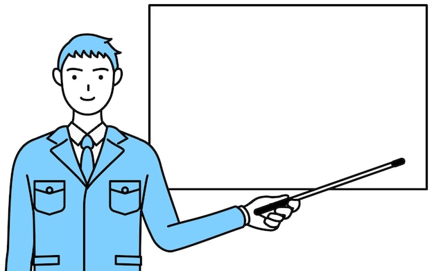 Eenvoudige lijntekening van een man in werkkleding wijzend naar een whiteboard met een indicatorstok