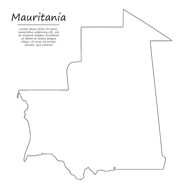 Eenvoudige overzichtskaart van Mauritanië, silhouet in schetslijnstijl