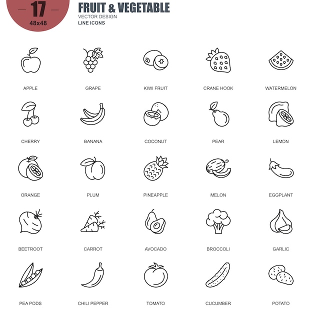 Eenvoudige reeks fruit en plantaardige verwante Vectorlijnpictogrammen