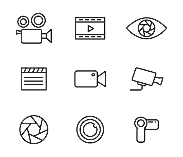 Eenvoudige set pictogrammen van camcorders en fotocamera's dunne lijnstijl