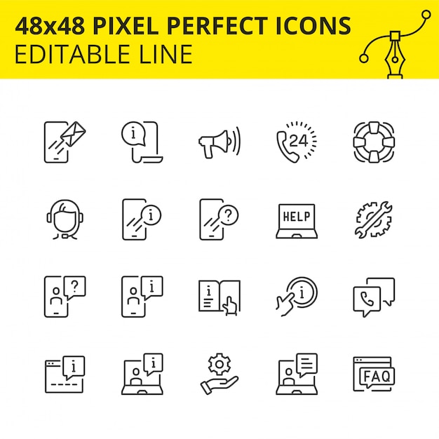 Vector eenvoudige set pictogrammen voor technische ondersteuning en 24 \ 7 assistentie. krijg altijd het gekwalificeerde antwoord of neem contact op met de specialist van ons callcenter. bevat pictogrammen zoals handset, luidspreker, headset.