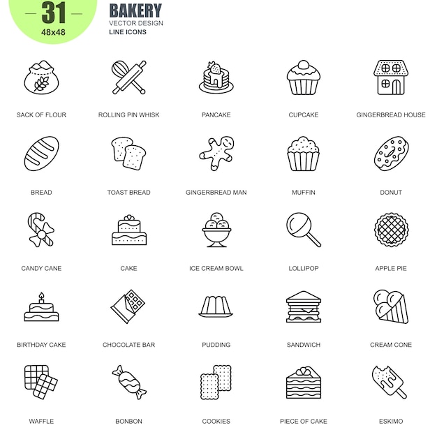 Eenvoudige set van bakkerij gerelateerde vector lijn pictogrammen
