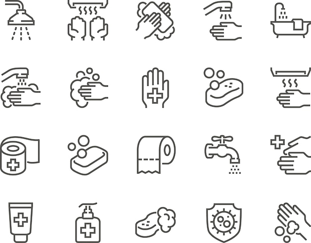 Eenvoudige set van hygiëne gerelateerde vector lijn iconen bevat iconen zoals het wassen van handen