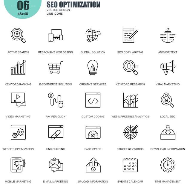 Eenvoudige set van SEO optimalisatie gerelateerde Vector lijn pictogrammen