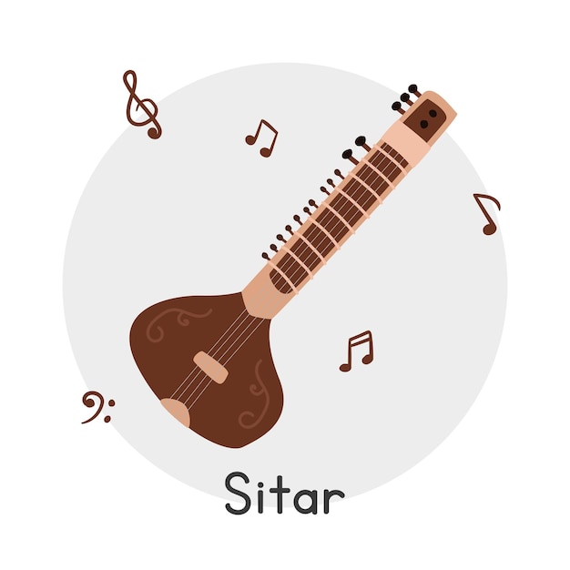 Eenvoudige sitar clipart cartoon stijl, snaarinstrument platte vector illustratie hand getrokken doodle