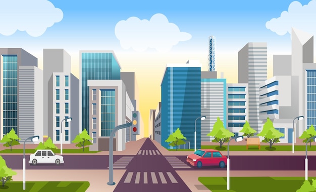 Eenvoudige stadsbeeld achtergrond illustratie van huizen en auto's vector illustratie