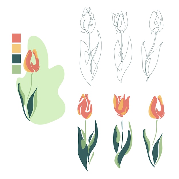 Eenvoudige Tulpen Bloemtekeningen en One Line Art