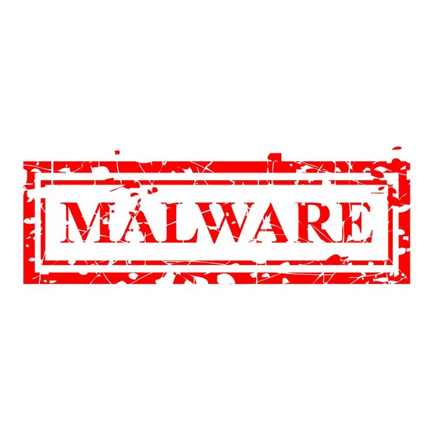 Eenvoudige vector, rechthoek rode grunge rubberen stempel, malware of illegale software, geïsoleerd op wit