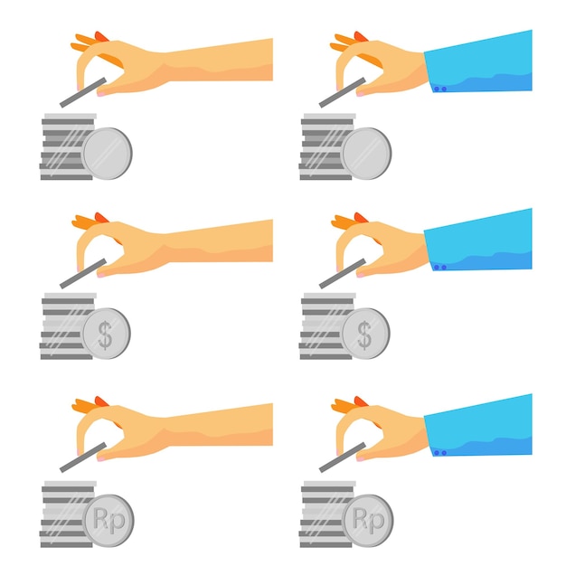 Eenvoudige vector set 6 vrouw hand sparen of nemen van geld zilveren munt geïsoleerd op wit