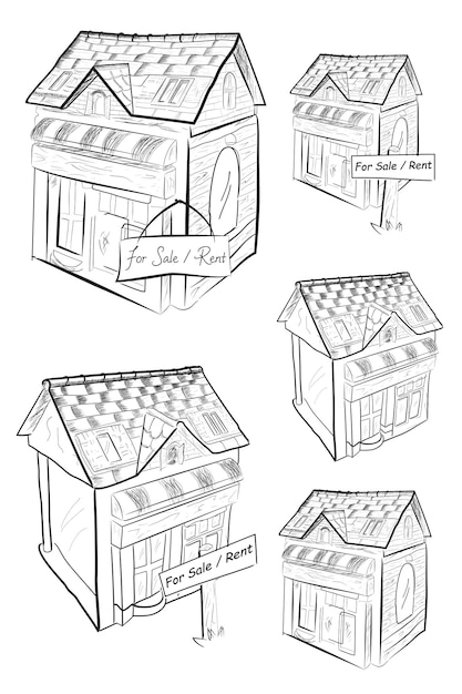 Eenvoudige vectorset 5 schetsillustratie huis te koop of te huur geïsoleerd op wit