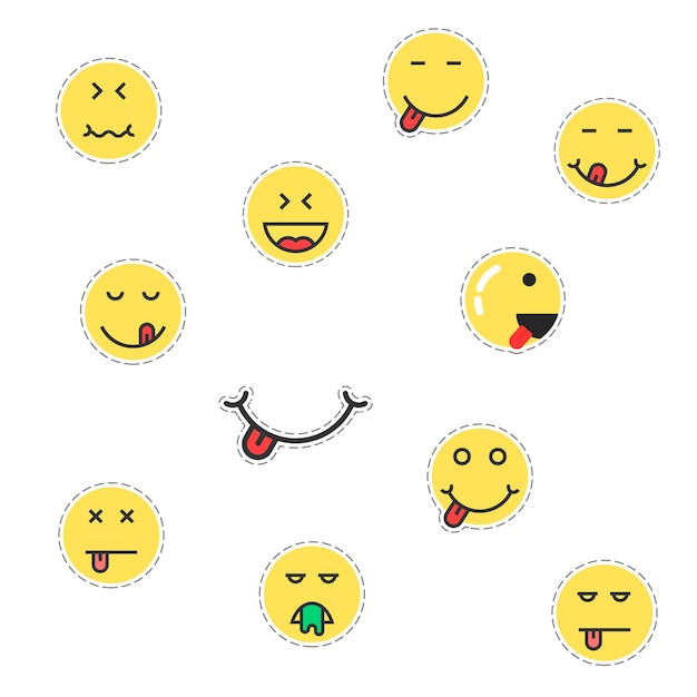 Eenvoudige verzameling emoji-patches. concept van lekker, likken, naaien, naaien, knipsel, grap, vreugde, verdrietig, profiellabel. vlakke stijl trend modern logo grafisch ontwerp vectorillustratie op witte achtergrond