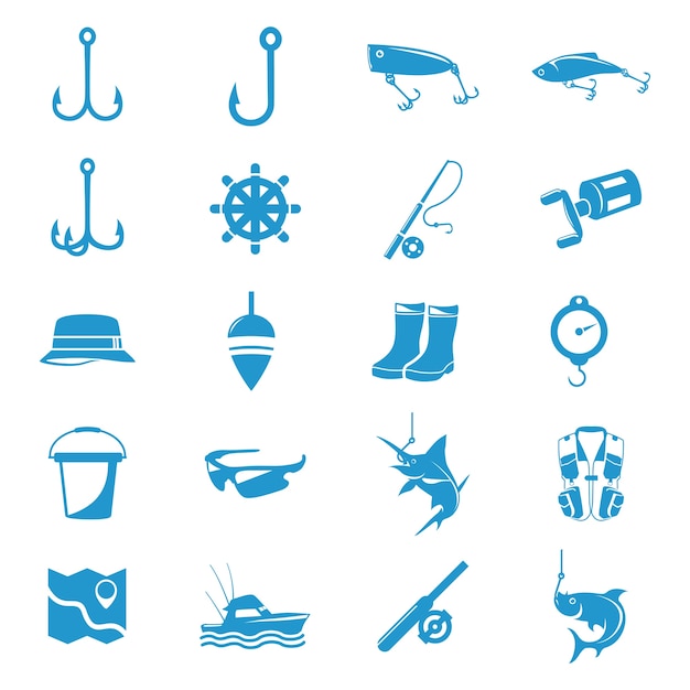 Vector eenvoudige vissen tool apparatuur icon set