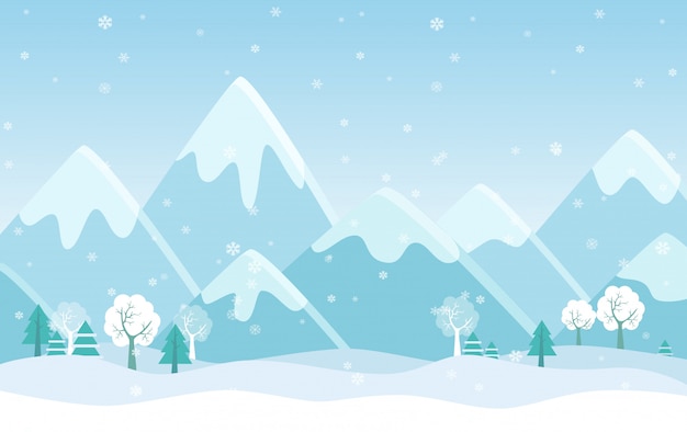 Eenvoudige vlakke illustratie van het landschap van de winterbergen met bomen, pijnbomen en heuvels.