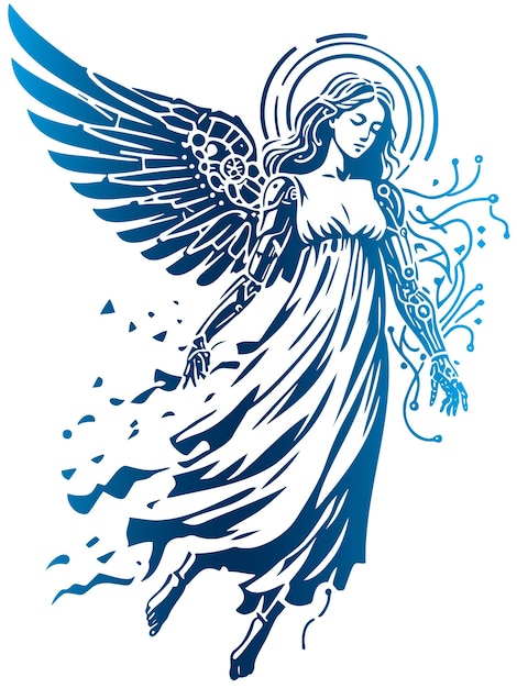Eenvoudige volledige lengte vector stencil illustratie van een techno engel meisje met vleugels op een witte achtergrond