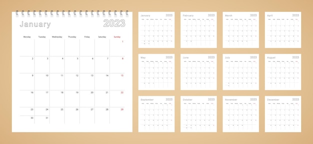 Eenvoudige wandkalender 2023 jaar met stippellijnen De kalender is in het Engels week start vanaf maandag