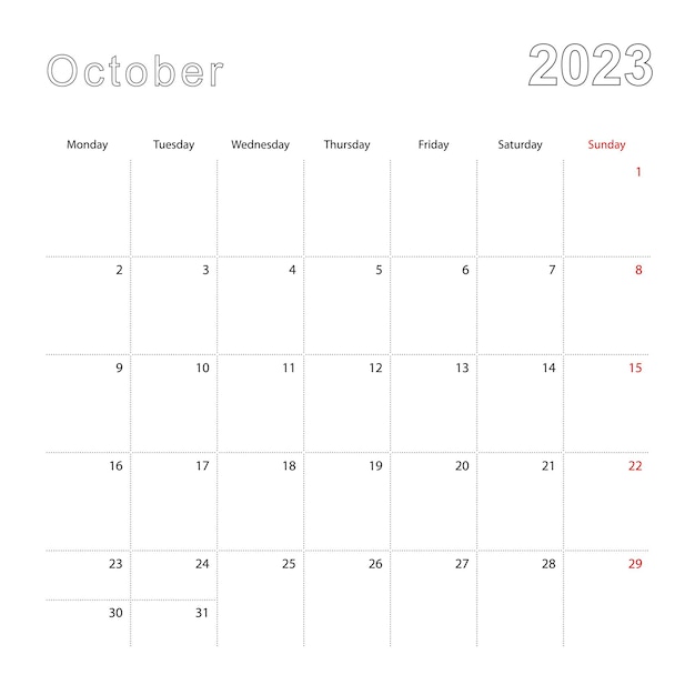 Eenvoudige wandkalender voor oktober 2023 met stippellijnen De kalender is in het Engels week start vanaf maandag