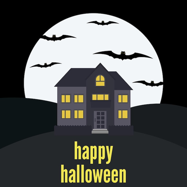 Eenzaam huis op de achtergrond van de maan en de inscriptie Happy Halloween. vector illustratie