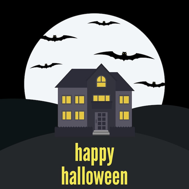 Eenzaam huis op de achtergrond van de maan en de inscriptie happy halloween. vector illustratie