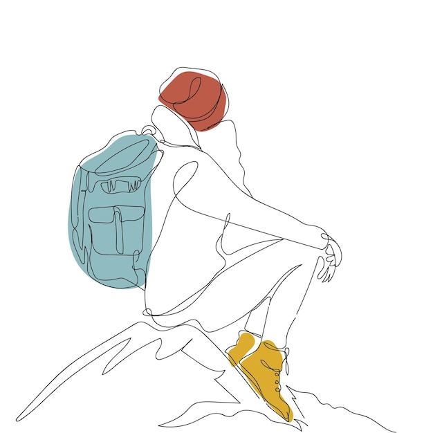 Eenzaam meisje vrouw reizen met rugzak op klif of berg in hoed laarzen toeristische concept